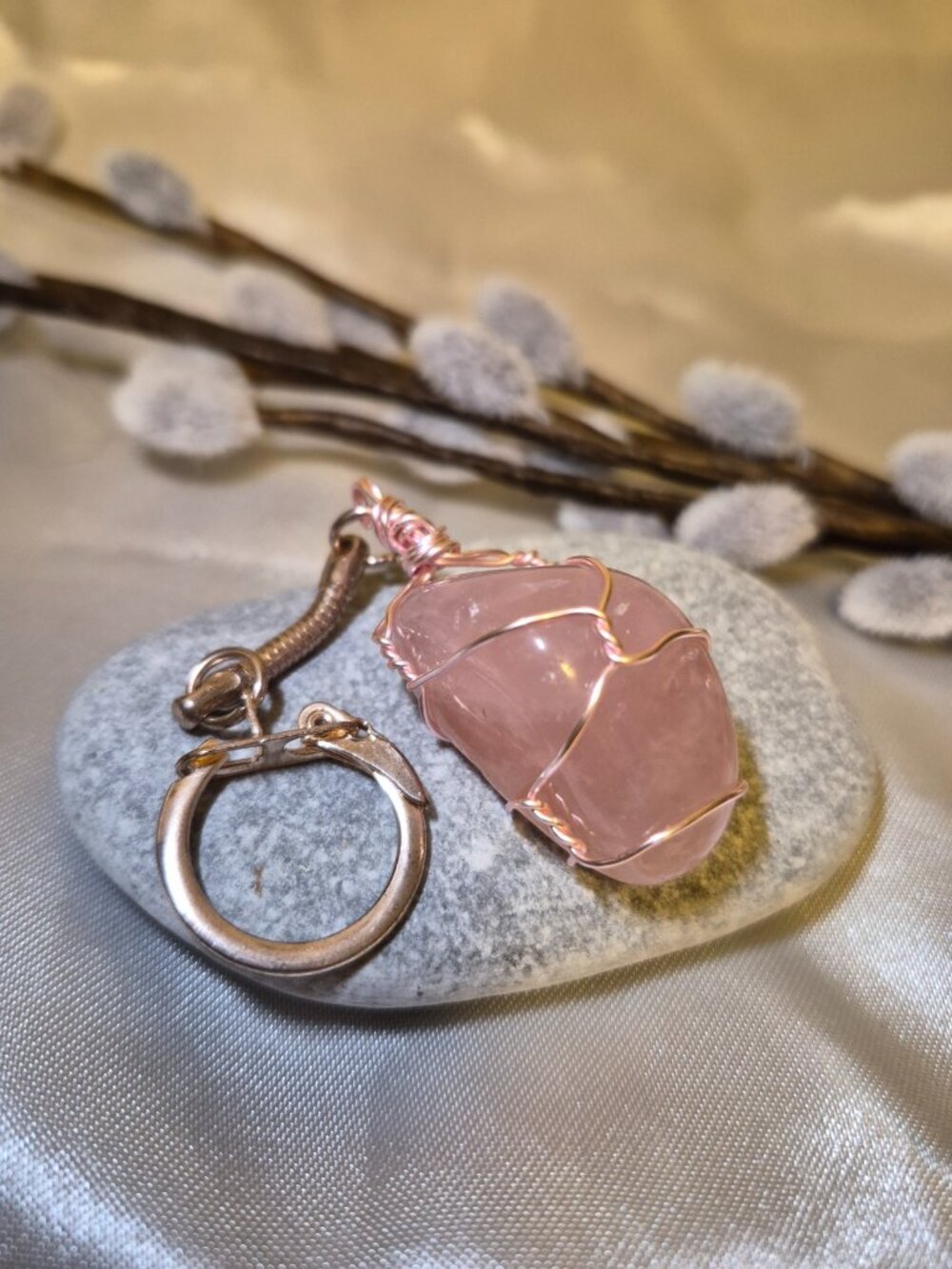 Handmade Rose Quartz Wire‑Wrapped Keychain